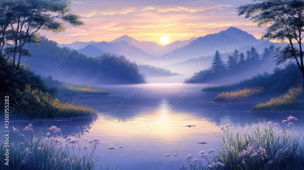 Fototapeta premium Serene Mountain Streams with Soft Reflections at Sunrise