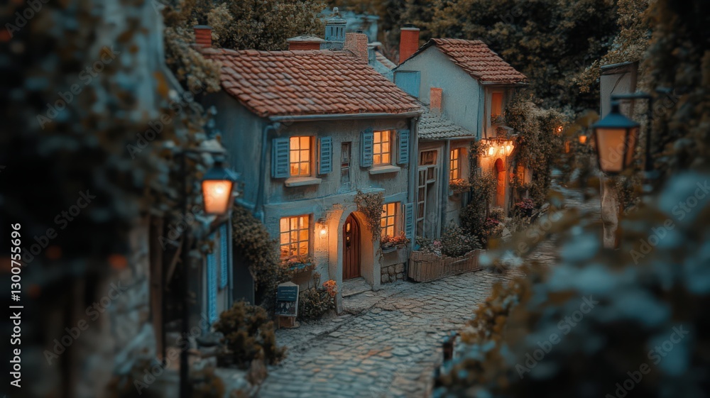 Obraz premium Charming Village Street at Dusk with Warm Lamplight