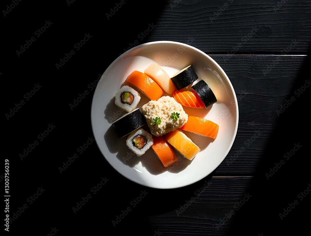 Assorted Sushi and Maki Rolls on White Plate, Dark Wood Background Assorted Sushi and Maki Rolls on White Plate, Dark Wood Background