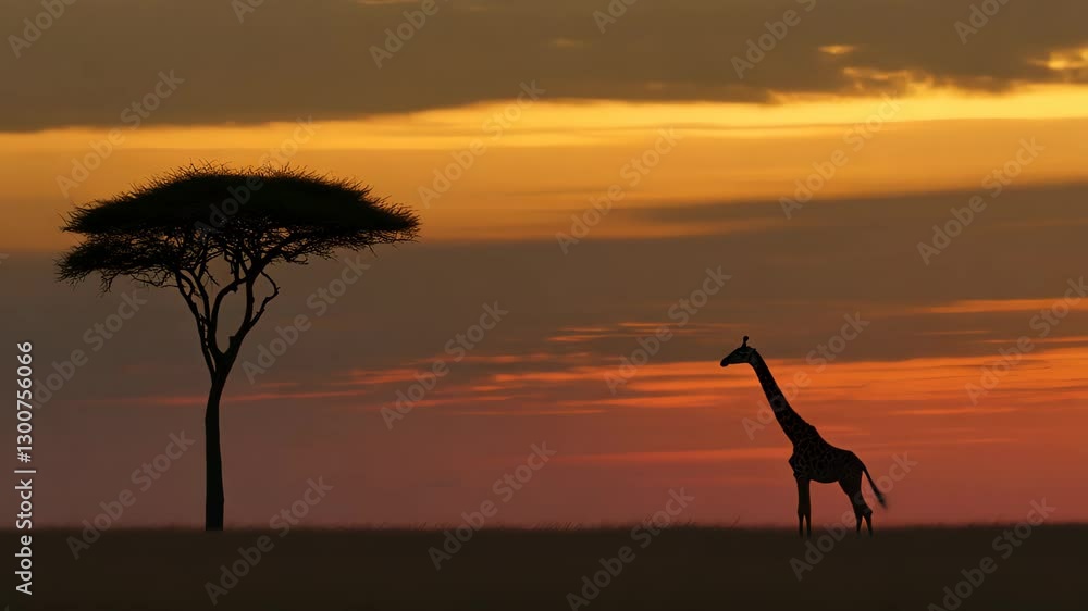 Giraffe Reaching Up to Eat Leaves from Tall Tree Against Golden African Savanna Sunset with Lone Acacia Tree in Background, Stunning Wildlife Scene with Warm Color Palette Giraffe Reaching Up to Eat Leaves from Tall Tree Against Golden African Savanna Sunset with Lone Acacia Tree in Background, Stunning Wildlife Scene with Warm Color Palette
