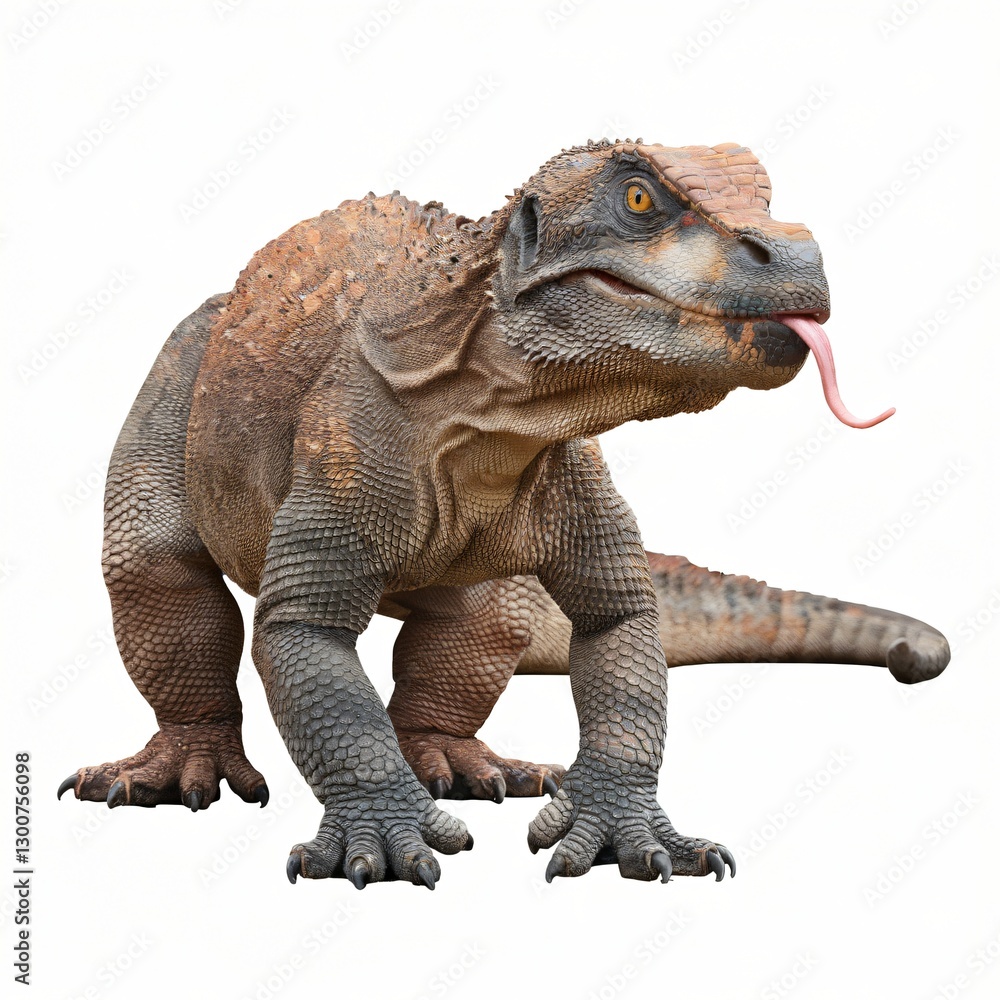 Obraz premium Realistic Dinosaur-Like Creature with Scaly Skin and Sharp Teeth Isolated on White Background.
