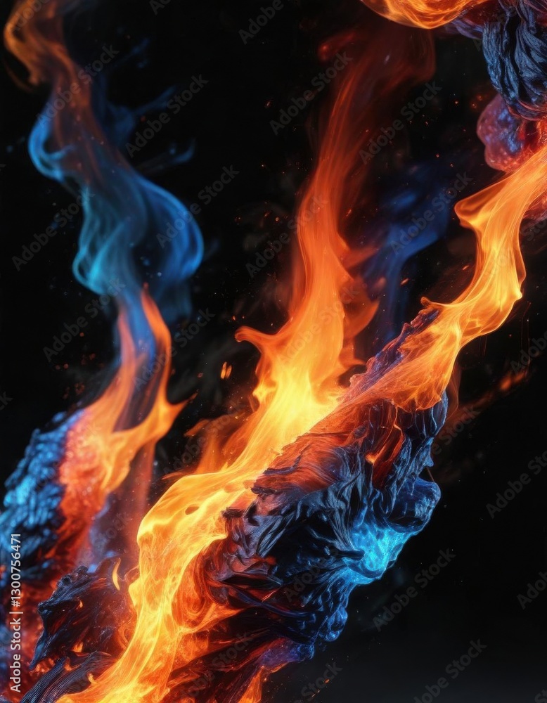 Fototapeta premium Red and blue fire on black background vibrant intense colours, fire, fiery