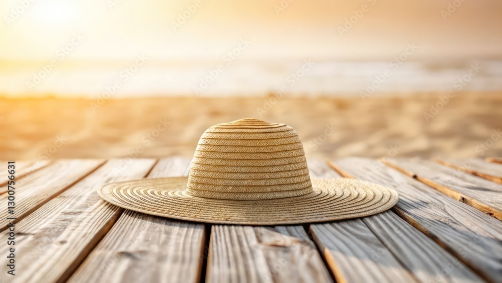 A straw hat rests peacefully on a wooden deck, with an ocean in the background. Warm sunlight bathes the scene, creating a sense of relaxation and summer bliss A straw hat rests peacefully on a wooden deck, with an ocean in the background. Warm sunlight bathes the scene, creating a sense of relaxation and summer bliss