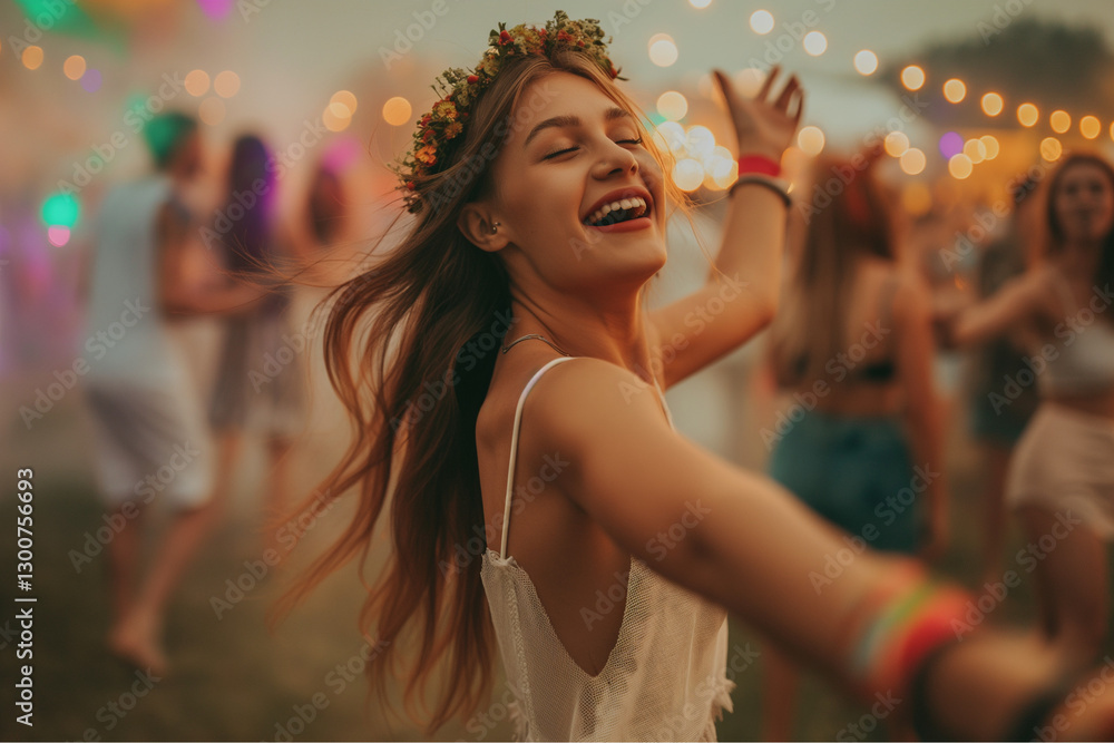Obraz premium Young woman dancing joyfully at an outdoor festival, wearing a floral headband and bohemian-style outfit, surrounded by string lights, music, and a lively crowd, radiating happiness and freedom