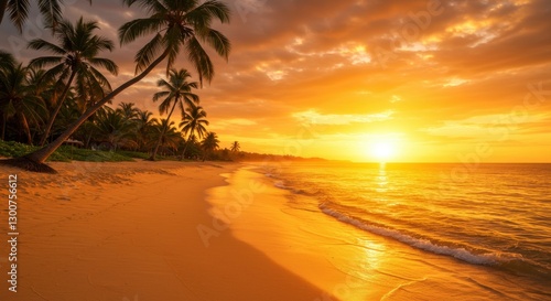 Beautiful sunset on a tropical beach with palm trees. Generative AI