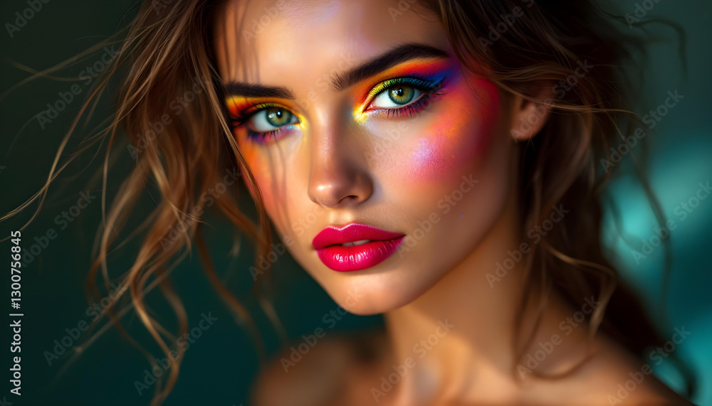 Cara de mujer maquillada con colores vivos y brillantes para carnaval Cara de mujer maquillada con colores vivos y brillantes para carnaval