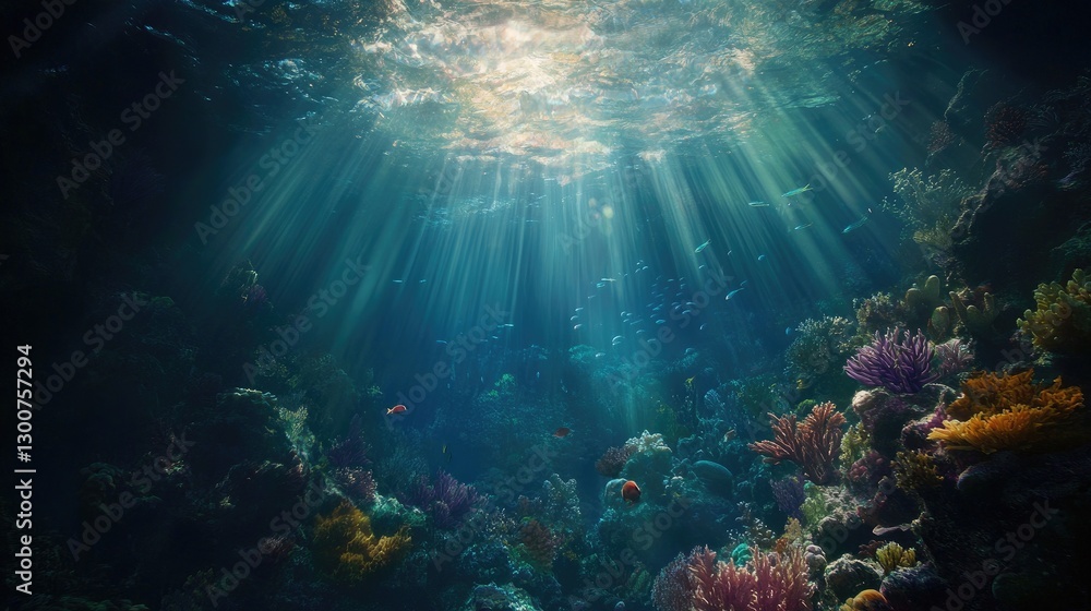 Fototapeta premium An underwater paradise of vibrant coral reefs, tropical fish, and shimmering rays of sunlight breaking through the water above