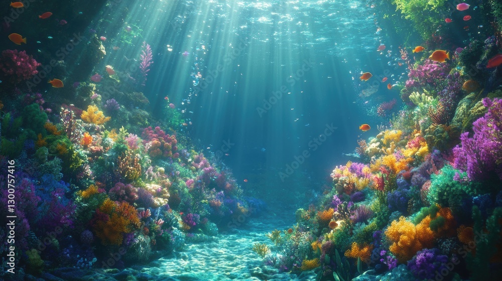 Fototapeta premium An underwater paradise of vibrant coral reefs, tropical fish, and shimmering rays of sunlight breaking through the water above