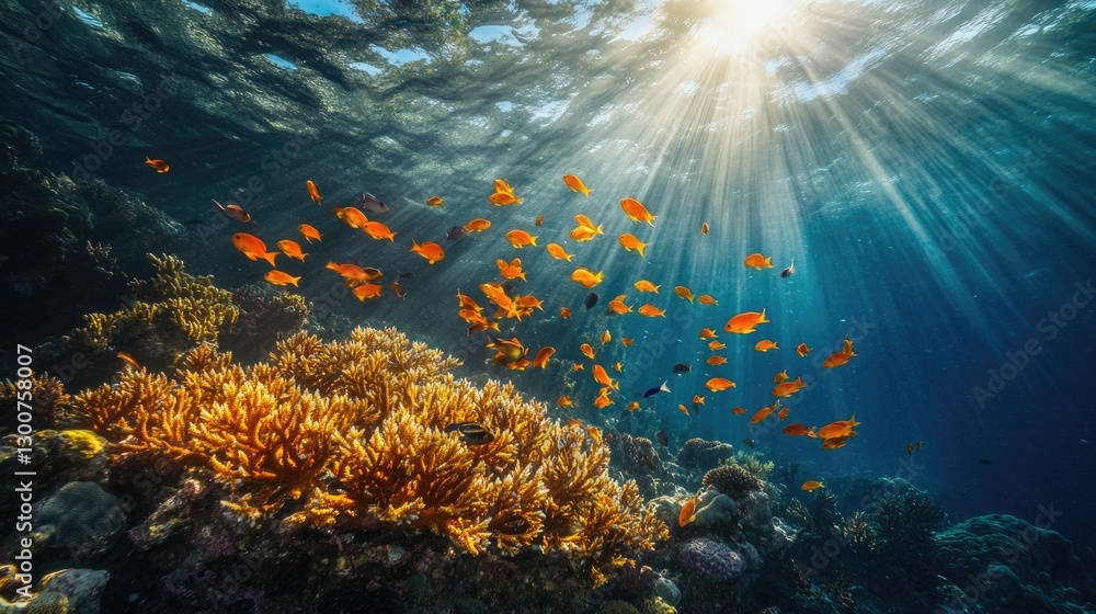 Obraz premium A breathtaking coral reef filled with vibrant fish, glowing coral formations, and sunlight rays dancing through the water