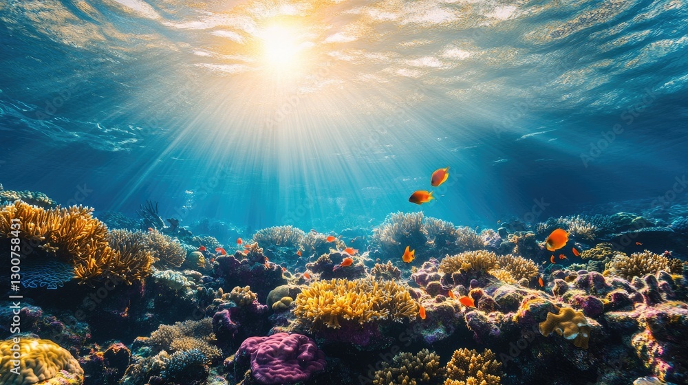 Fototapeta premium A colorful coral reef scene filled with glowing sunlight, vibrant marine life, and intricate coral formations in crystal-clear water