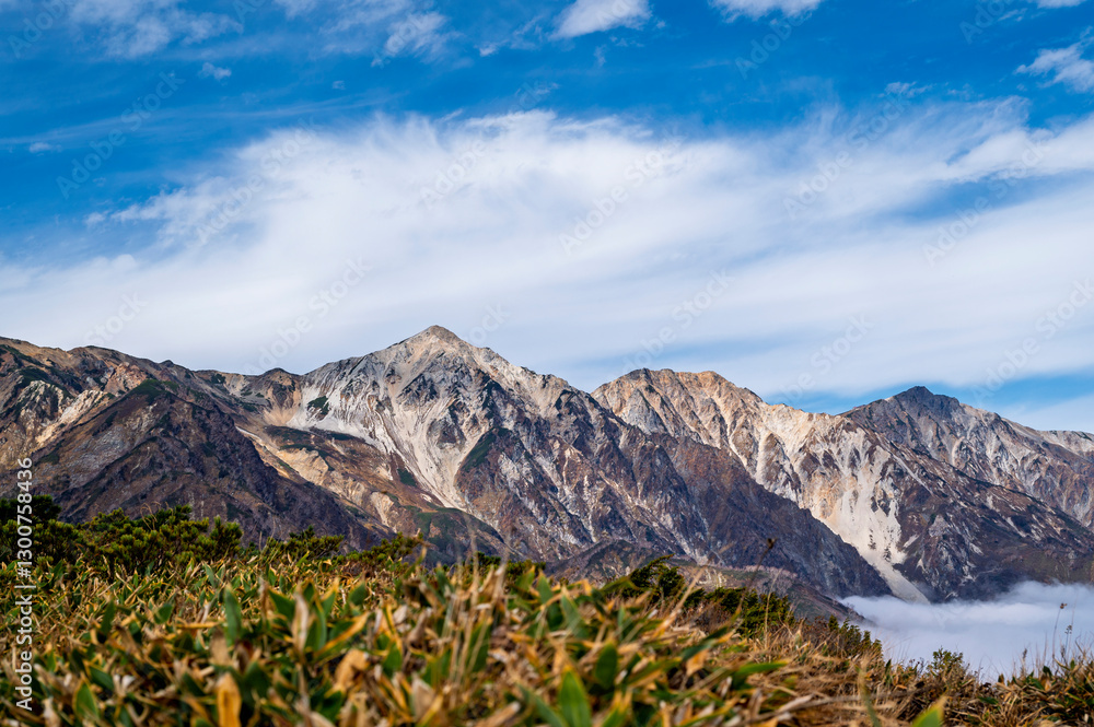 Hiking Route to Happo Pond and the Japanese Alps mountains landscape with mist background on Hakuba Happo One in Hakuba, Nagano, Japan