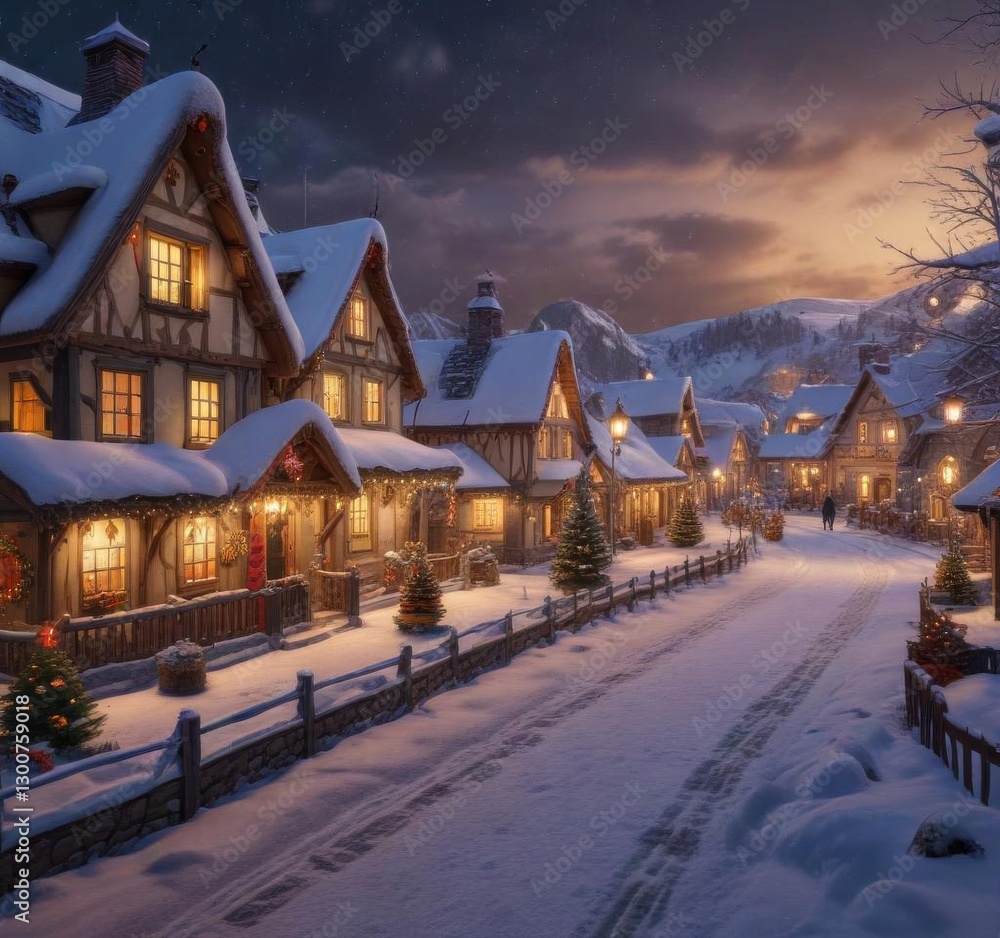 Fototapeta premium Snow-covered village with festively decorated houses and Christmas decorations, christmas, houses, winter