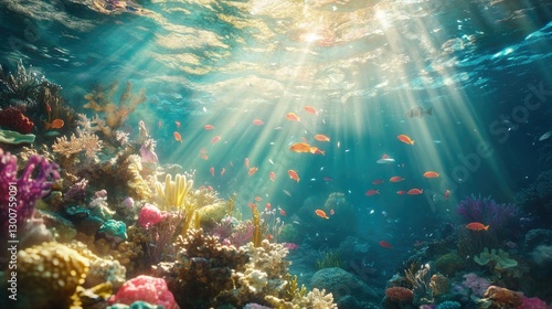 Wallpaper Mural A colorful underwater scene with a thriving coral reef, schools of fish, and shimmering sunlight breaking through the water's surface Torontodigital.ca