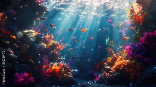 A dynamic underwater shot of a coral reef alive with colorful marine life, with sunlight beams adding a magical glow to the scene