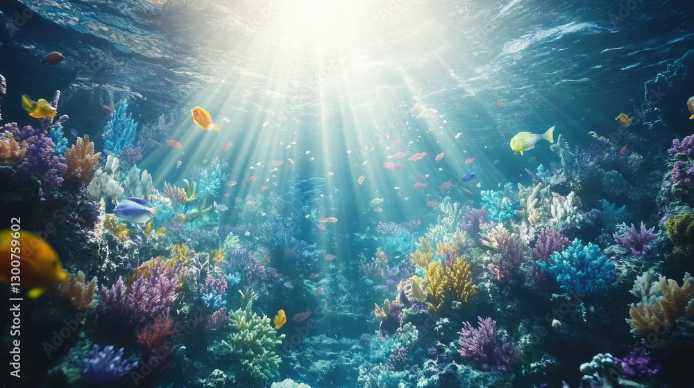 A dynamic underwater shot of a coral reef alive with colorful marine life, with sunlight beams adding a magical glow to the scene A dynamic underwater shot of a coral reef alive with colorful marine life, with sunlight beams adding a magical glow to the scene