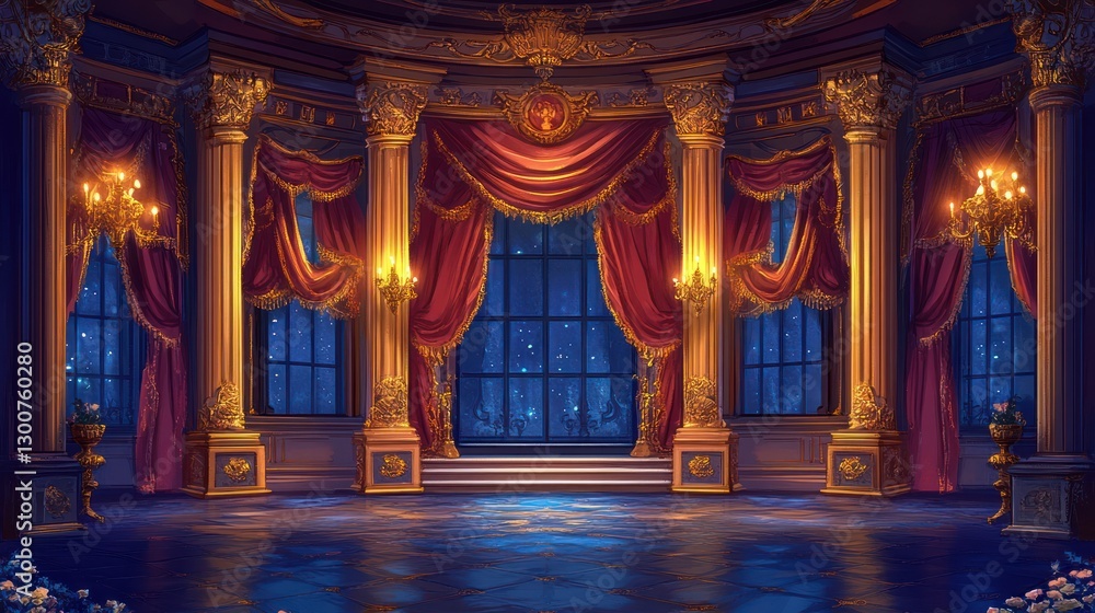 custom made wallpaper toronto digitalGrand ballroom at night, elegant interior with gold columns, red curtains, and windows overlooking a starry night.