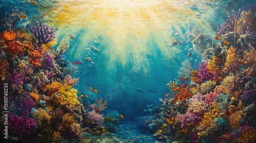 Wallpaper Mural A lively coral reef underwater, featuring colorful marine life and golden sunlight filtering through the clear blue ocean above Torontodigital.ca