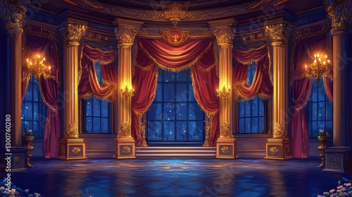 Wallpaper Mural Grand ballroom at night, elegant interior with gold columns, red curtains, and windows overlooking a starry night. Torontodigital.ca