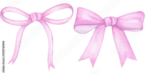pink ribbon bow.Two beautiful delicate lilac-pink watercolor bows.Watercolor illustration of decorative bows.Handmade watercolor on paper For wedding invitation, textile, scrapbooking paper, fashion, 