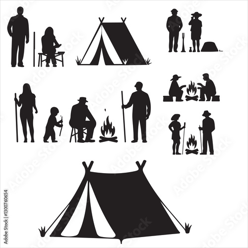 set of vector camping tent, tent icon, camping silhouettes collection, People camping scene, Landscape - camping in mountains silhouettes