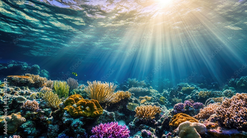A serene underwater coral reef scene with bright marine life, colorful coral, and sunlight rays creating a glowing, magical atmosphere A serene underwater coral reef scene with bright marine life, colorful coral, and sunlight rays creating a glowing, magical atmosphere