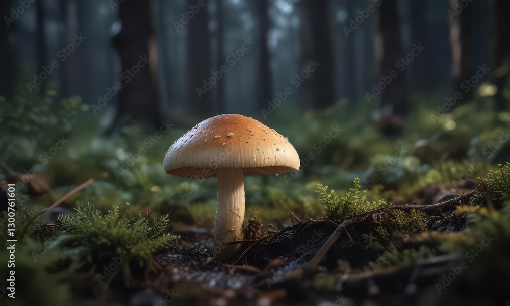 Fototapeta premium A close-up of a single mushroom cap, emitting a gentle radiance in the dark forest floor, exposure, tree roots