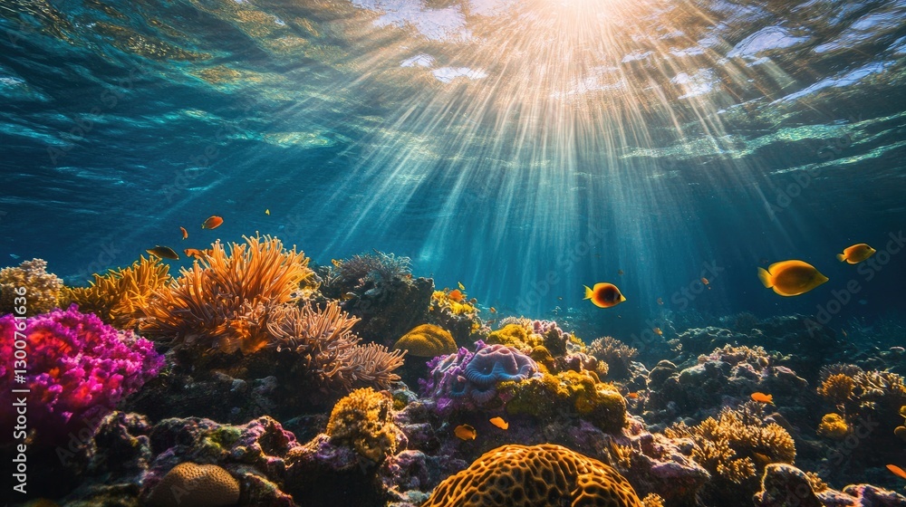 Naklejka premium A serene underwater coral reef scene with bright marine life, colorful coral, and sunlight rays creating a glowing, magical atmosphere