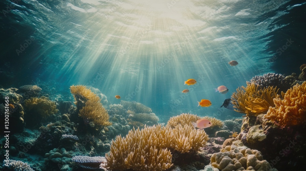 Obraz premium A serene underwater coral reef with vivid coral, tropical fish, and rays of golden sunlight illuminating the vibrant marine ecosystem