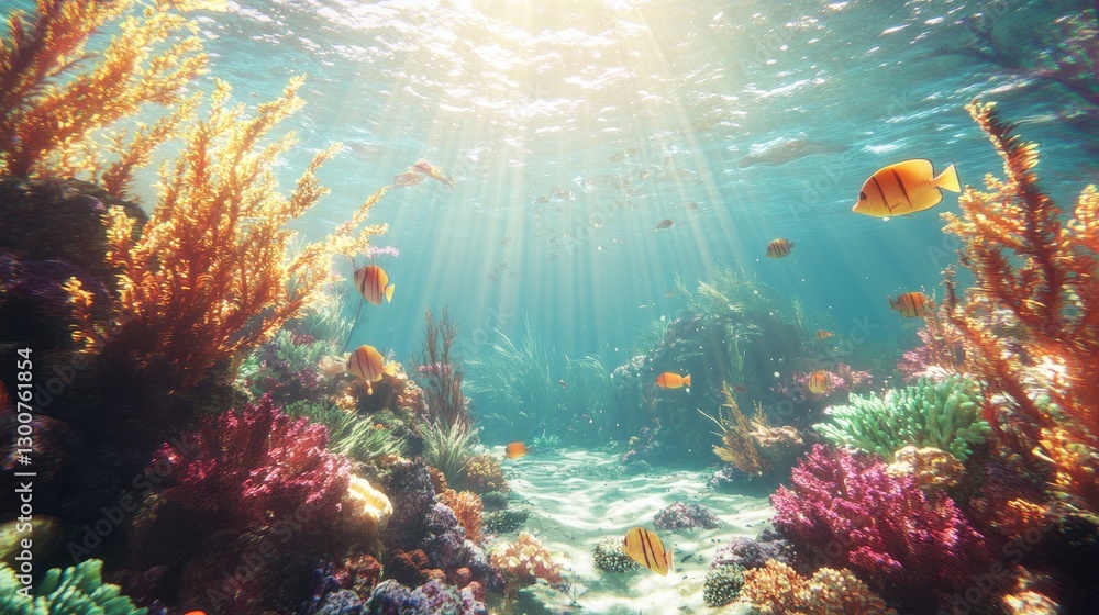 Obraz premium A serene underwater coral reef with vivid coral, tropical fish, and rays of golden sunlight illuminating the vibrant marine ecosystem
