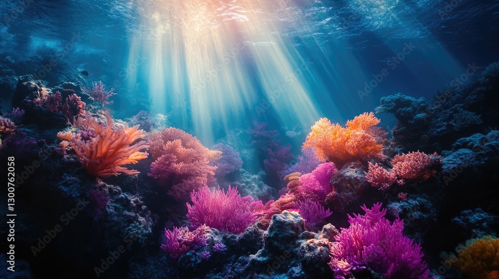Naklejka premium A stunning underwater coral reef scene with colorful marine life and glowing beams of sunlight lighting up the vibrant underwater world
