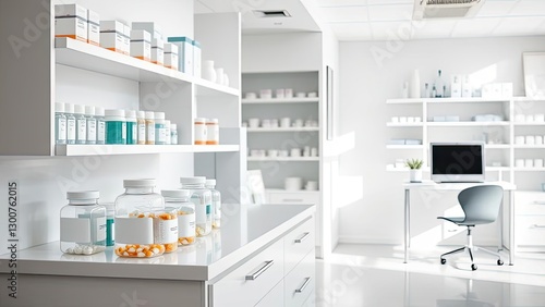 Wallpaper Mural Modern Pharmacy Interior Clean White Shelves Medicine Bottles Pills Healthcare Torontodigital.ca