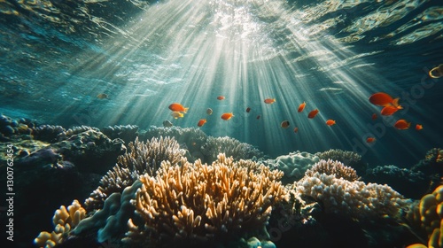 A stunning underwater scene of a coral reef filled with bright coral, tropical fish, and glowing beams of sunlight piercing the clear water