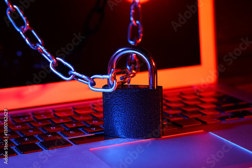 Padlock with chain on lapto...