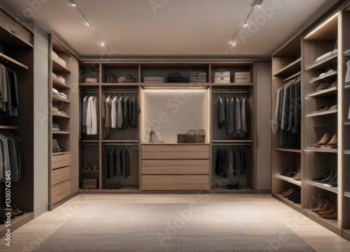 Luxurious walk-in closet with custom shelving and LED lighting ,  organization,  shelving,  walkin closet