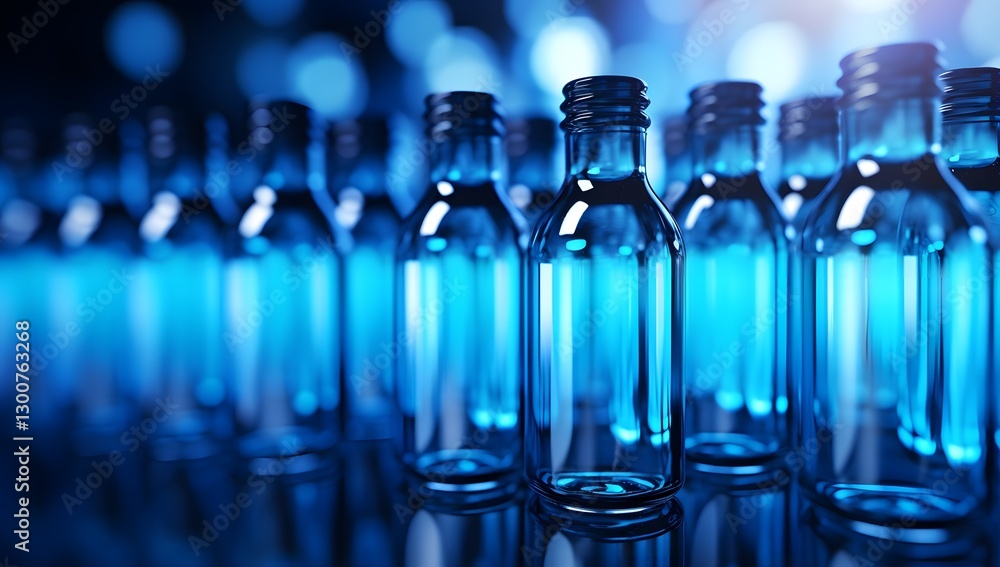 Glass bottles in a rack blue color. Sleeve of empty glass bottles with liquid inside. Glass bottles in a rack blue color. Sleeve of empty glass bottles with liquid inside.