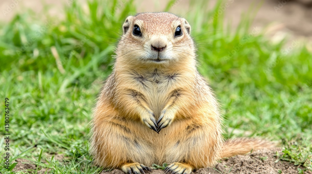 Fototapeta premium Curious ground squirrel standing alert in lush green grass