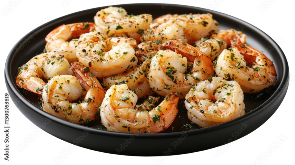 Grilled shrimp served on a black plate with herbs and spices isolated on transparent background, PNG Grilled shrimp served on a black plate with herbs and spices isolated on transparent background, PNG