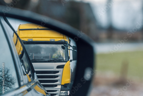 Fotografía Reflection in the side mirror of a passenger car of a truck approaching too clos