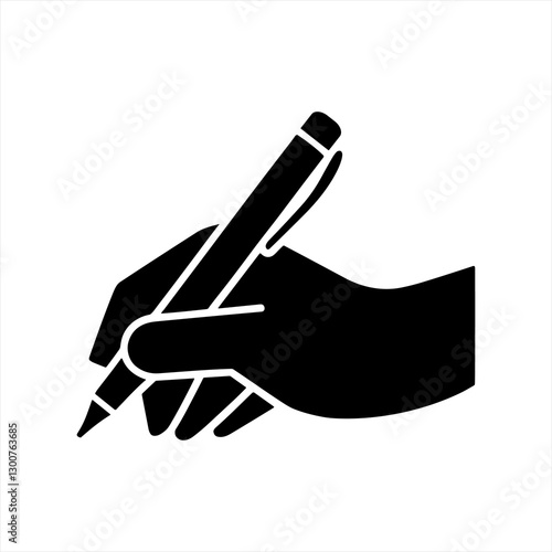 A black silhouette of a human hand holding a pen and writing