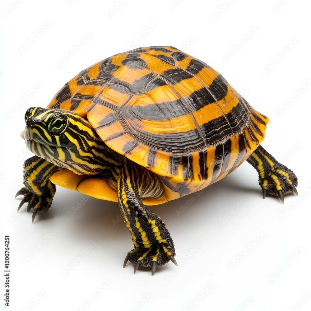 Obraz premium Striped Yellow and Black Turtle on White Background Close Up