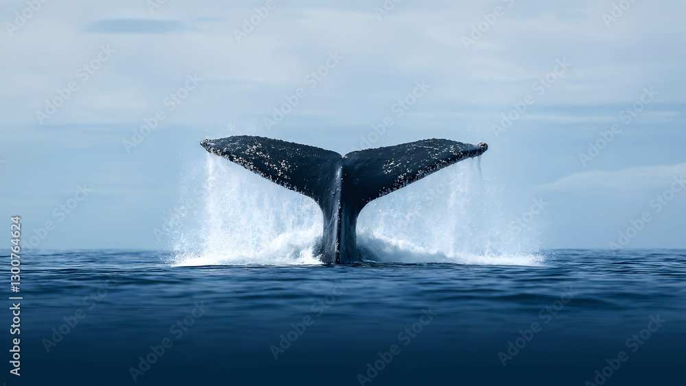 Fototapeta premium A humpback whale diving into the ocean, its massive tail splashing above the water surface
