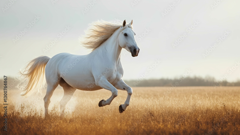 Fototapeta premium A white stallion galloping through an open field, its mane flowing in the wind