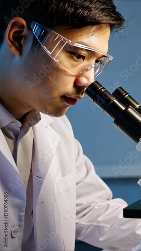 4K Close-Up of Scientist Examining Samples Under Microscope in Modern Laboratory, Conducting Research in Biotechnology, Medical Science, and Microbiology