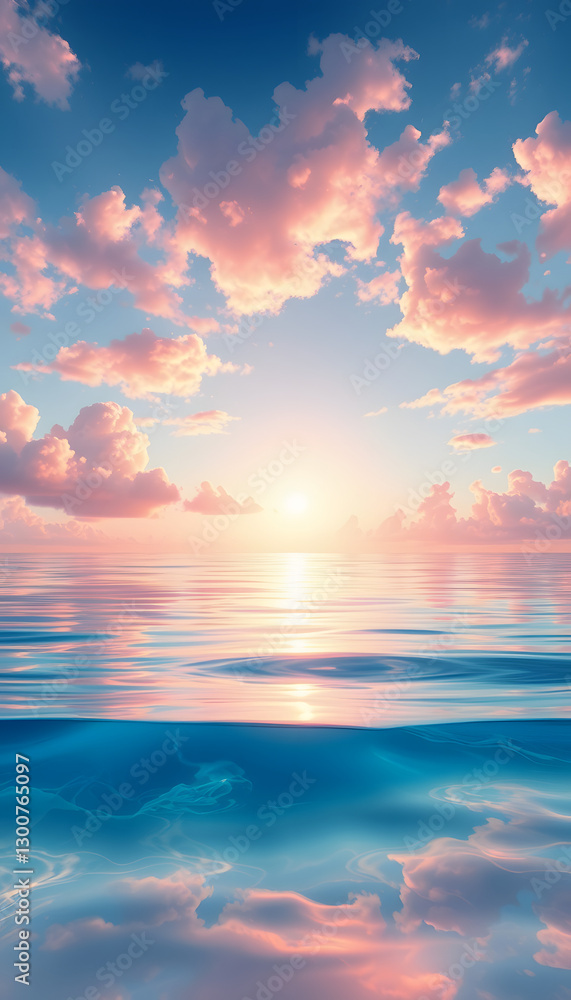 Obraz premium Morning clear seascape with colorful sky. Natural soft background. Beautiful magical pink and gold reflected in the water, comic art. with white shades