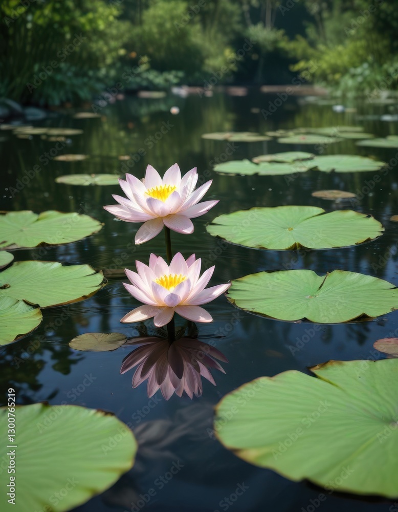 A delicate lotus flower floating on the surface of a calm pond surrounded by lush greenery, pond, lotus, waterlilies A delicate lotus flower floating on the surface of a calm pond surrounded by lush greenery, pond, lotus, waterlilies