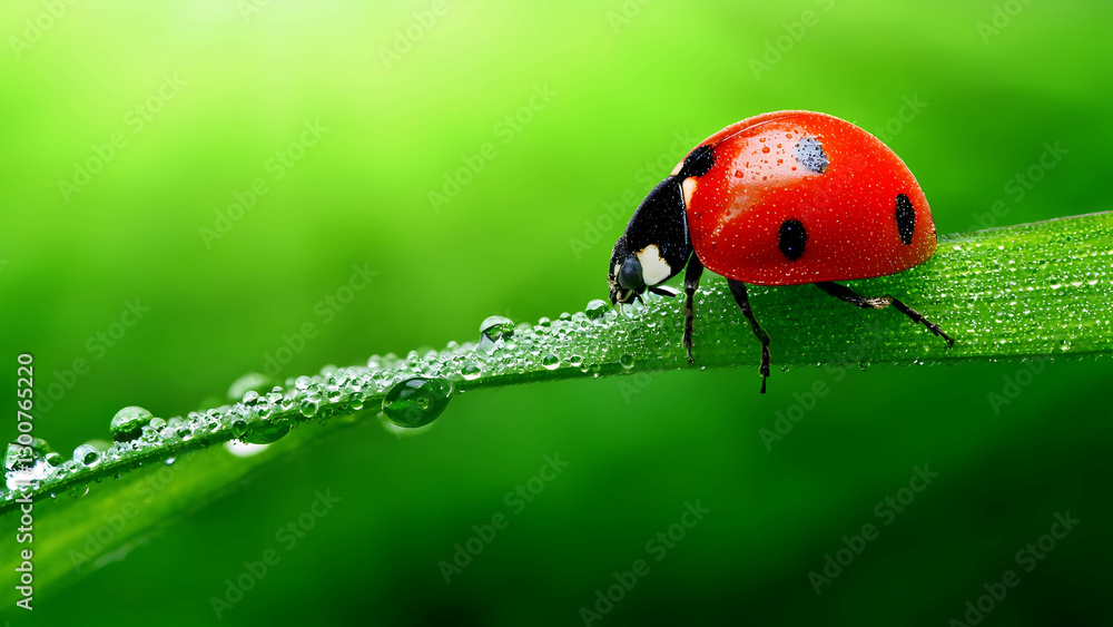 Obraz premium A ladybug perched on a dew-covered blade of grass, its bright red shell standing out