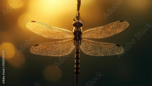 Wallpaper Mural A dragonfly with transparent wings resting on a twig, its body glowing in golden sunlight Torontodigital.ca