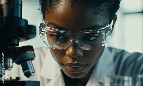 4K Close-Up of Scientist Examining Samples Under Microscope in Modern Laboratory, Conducting Research in Biotechnology, Medical Science, and Microbiology
