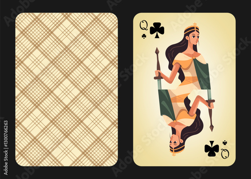 Original design of playing card queen of clubs, front and back. Queen of Clubs in cartoon vintage style. Vector illustration