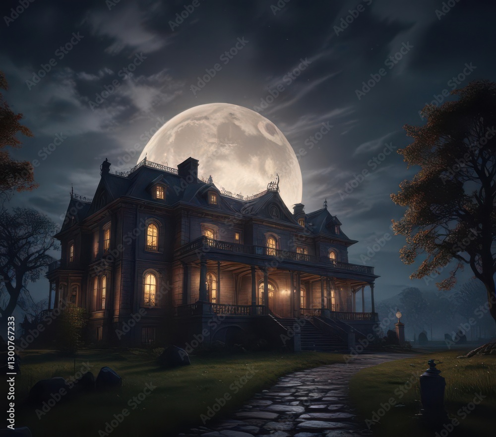Obraz premium A full moon casts an ominous glow over a haunted mansion, , shadows on walls, gothic architecture